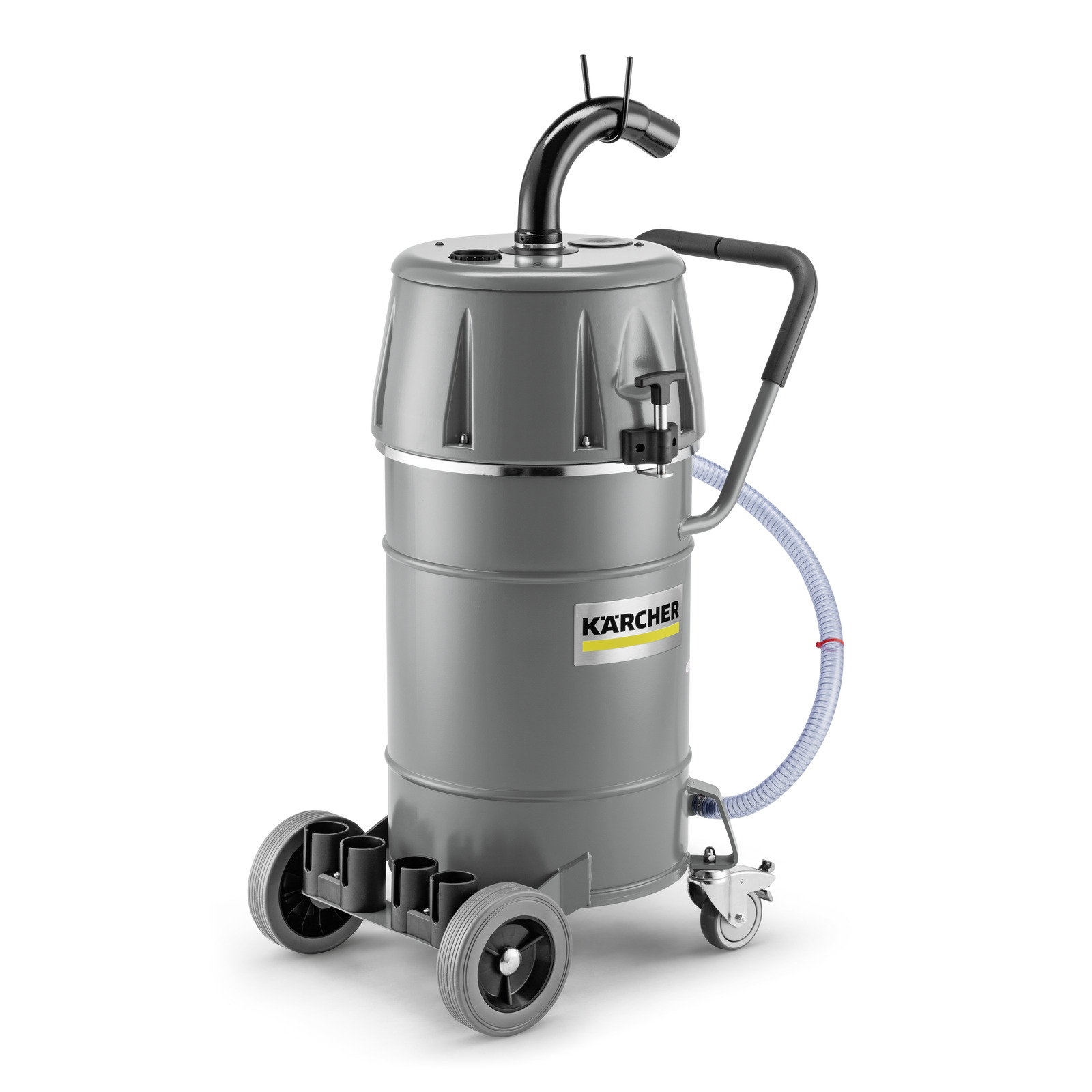 Kärcher industrial vacuum cleaner with a grey cylindrical body, black handle, and wheels.