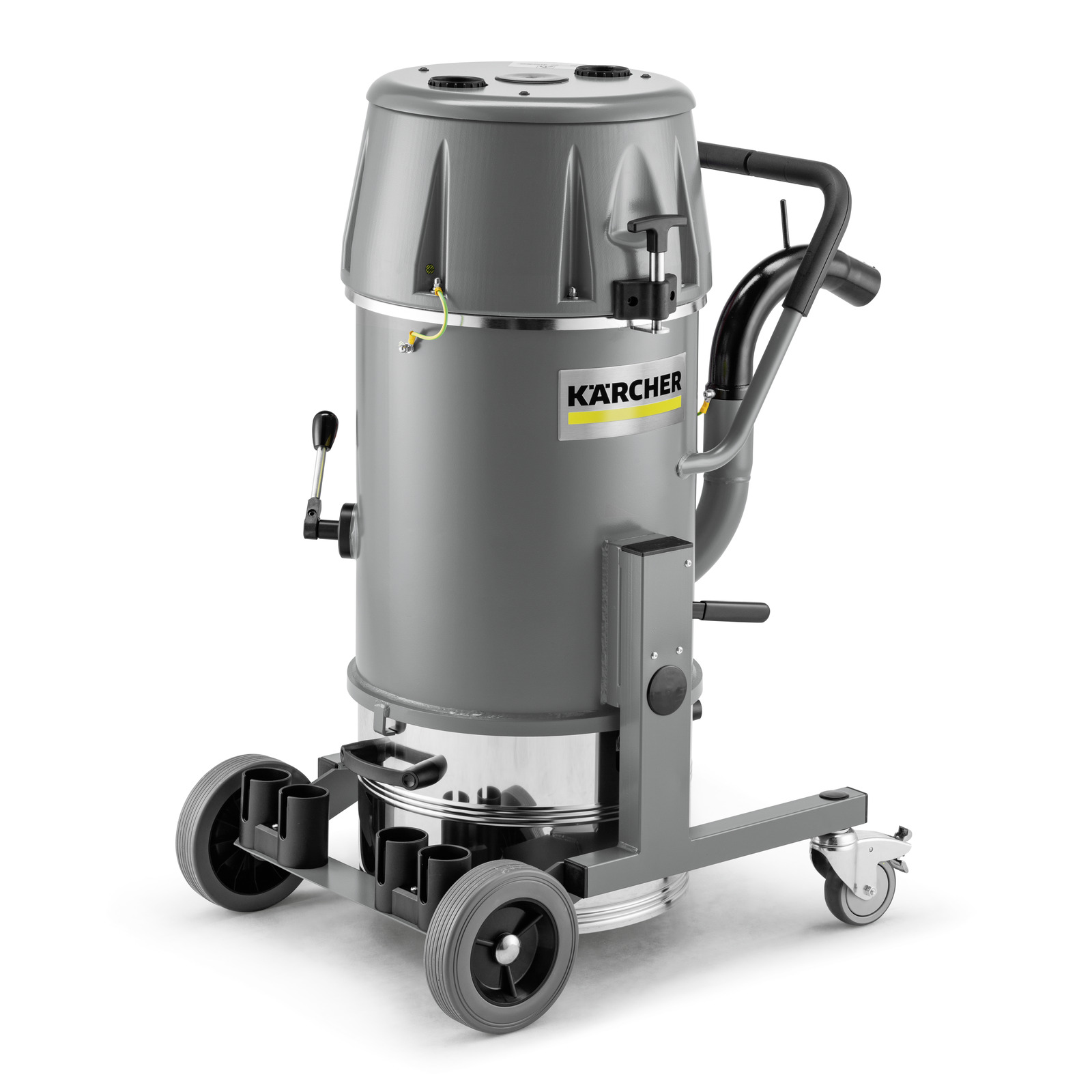Grey Kärcher industrial vacuum cleaner with wheels and handle, featuring a cylindrical body and hose attachment.