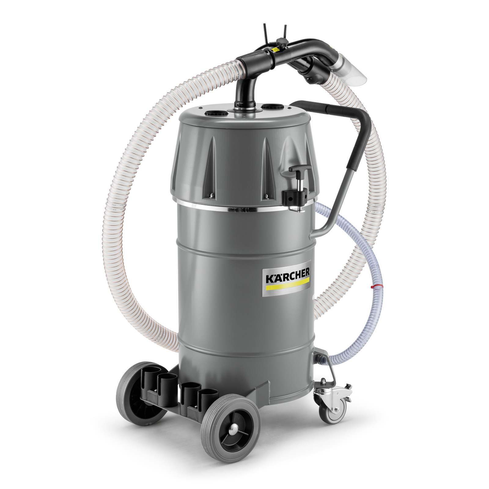 Grey Kärcher industrial vacuum cleaner with wheels, hoses attached, and Kärcher logo visible on the front. Grey Kärcher industrial vacuum cleaner with wheels, hoses attached, and Kärcher logo visible on the front.