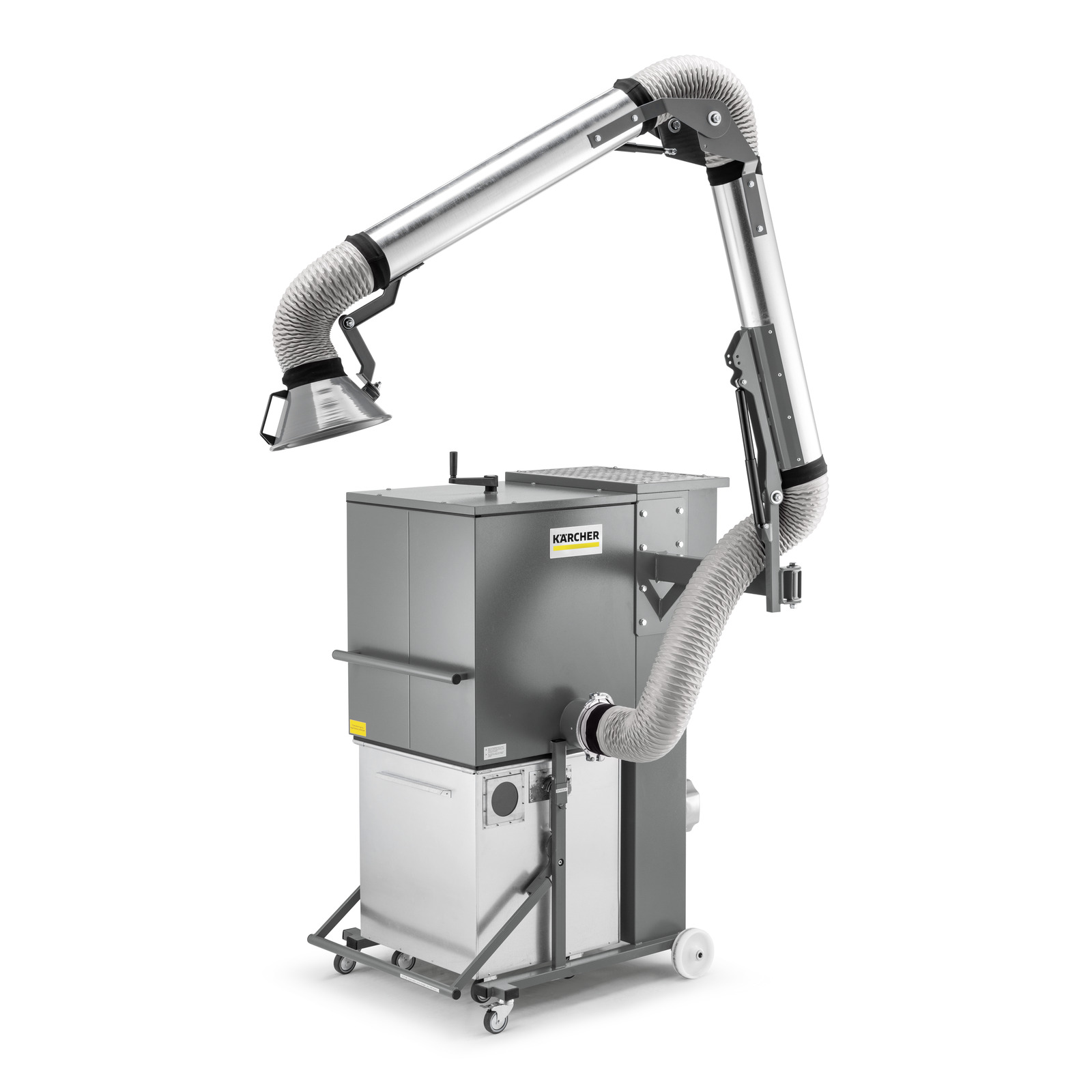 Kärcher industrial dust extractor with flexible hose and metal arm, mounted on wheels.