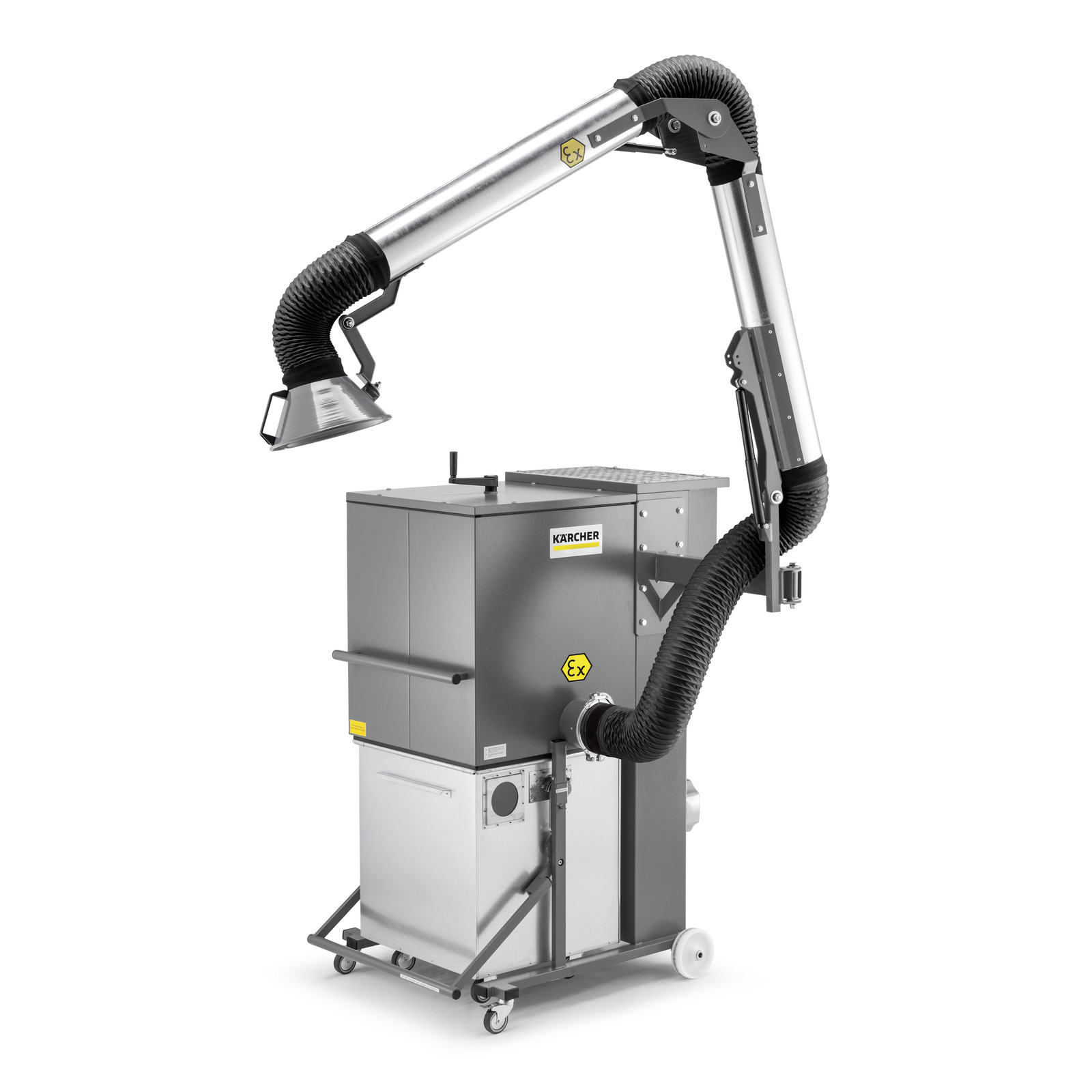 Kärcher industrial vacuum with flexible extraction arm, grey metal body, mounted on wheels. Kärcher industrial vacuum with flexible extraction arm, grey metal body, mounted on wheels.
