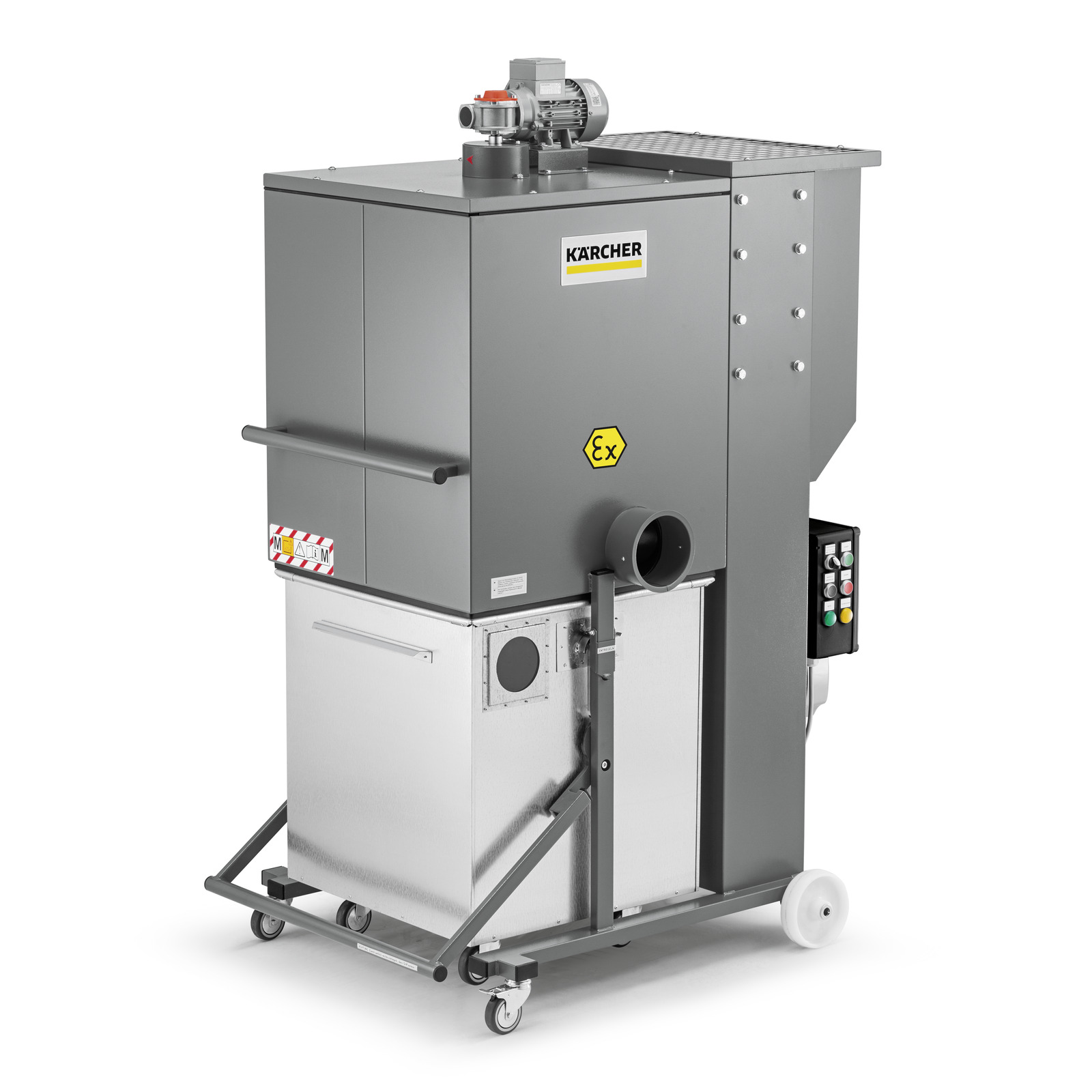 Kärcher industrial vacuum cleaner with grey metal casing, control panel, and wheels for mobility.