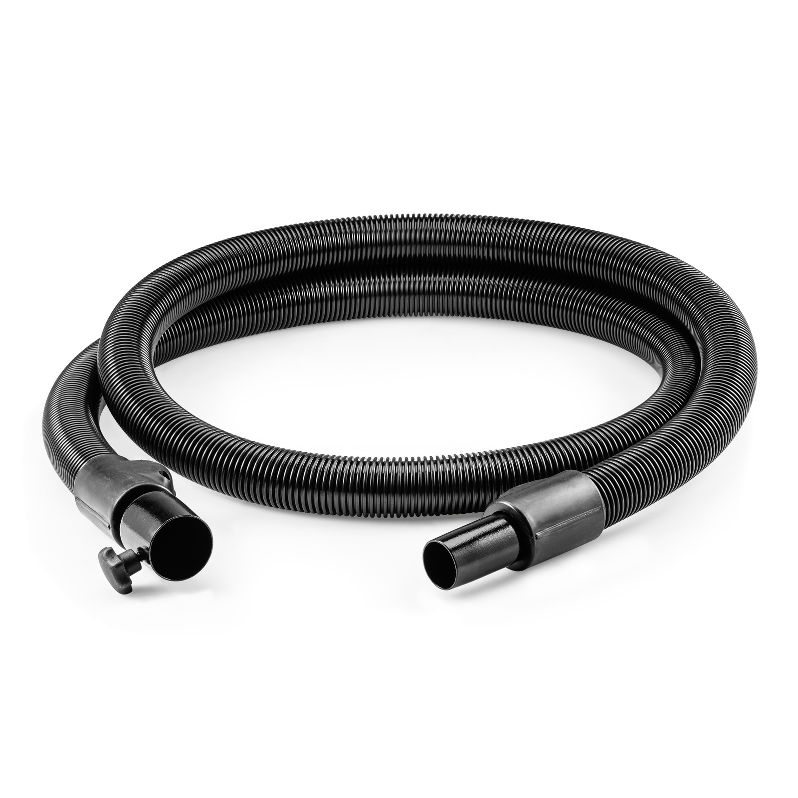 Black Kärcher vacuum cleaner hose coiled on a white background, featuring connectors at both ends. Black Kärcher vacuum cleaner hose coiled on a white background, featuring connectors at both ends.