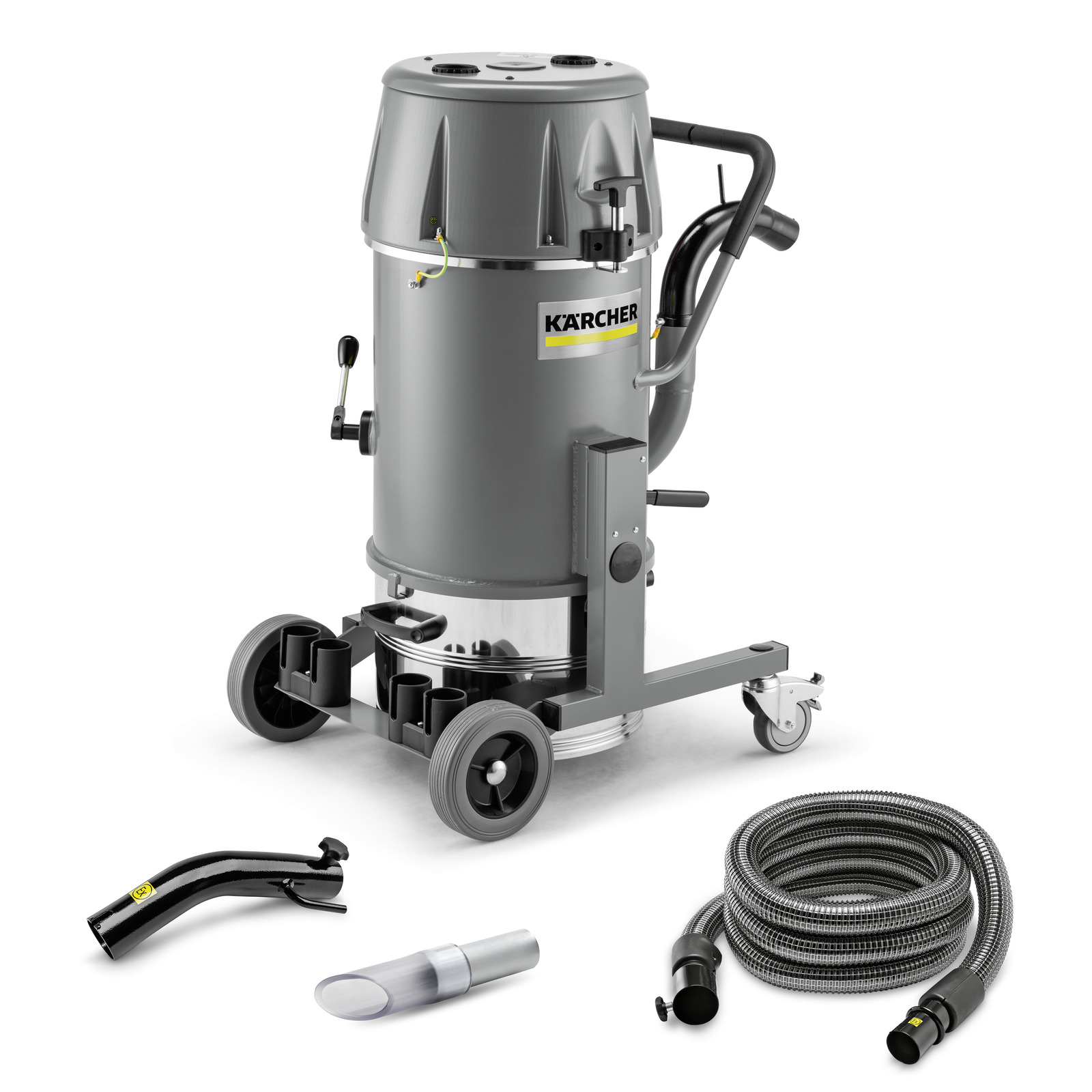 Kärcher industrial vacuum cleaner with attachments, including a hose, nozzle, and wand, set on a white background. Kärcher industrial vacuum cleaner with attachments, including a hose, nozzle, and wand, set on a white background.