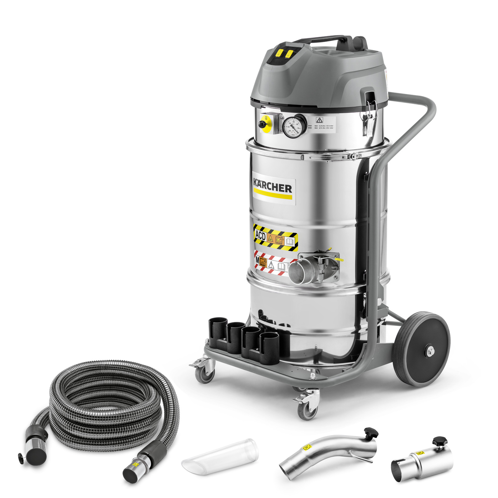 Kärcher industrial vacuum cleaner with hose, nozzle, and attachments on a white background.