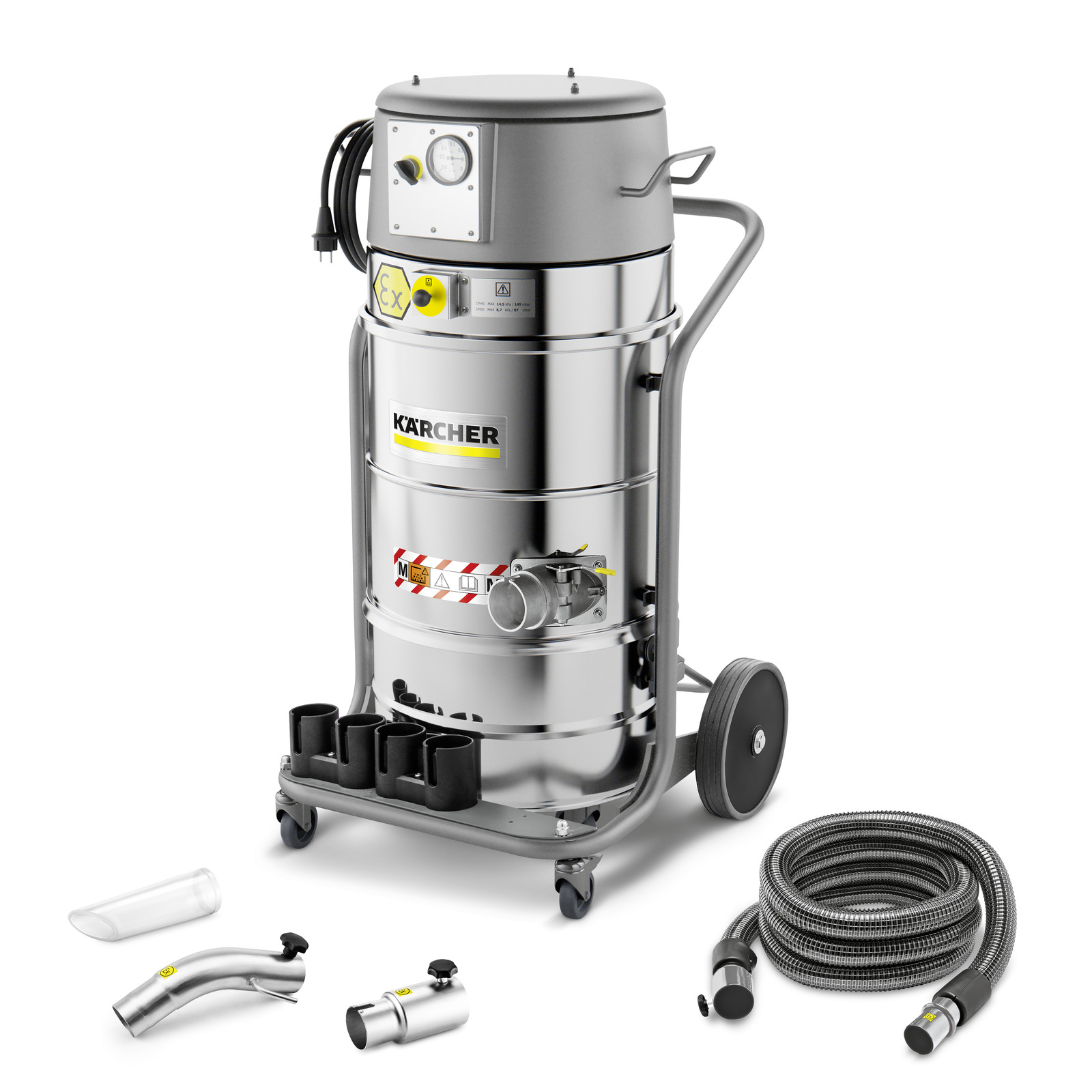 Kärcher industrial vacuum cleaner with attachments, including hoses and nozzles, on a white background.
