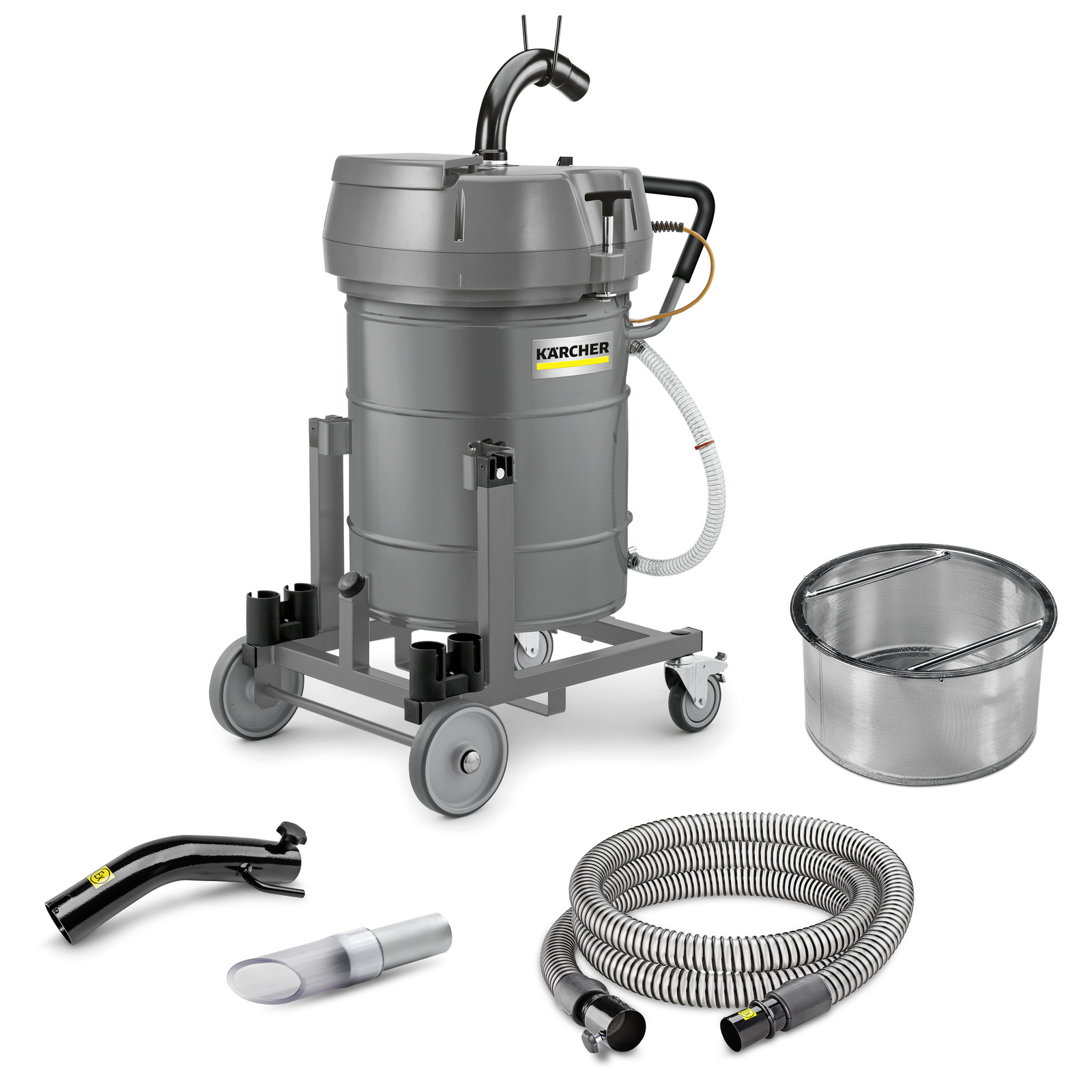 Kärcher industrial vacuum cleaner with hose, nozzle, and metal filter basket on a wheeled base.