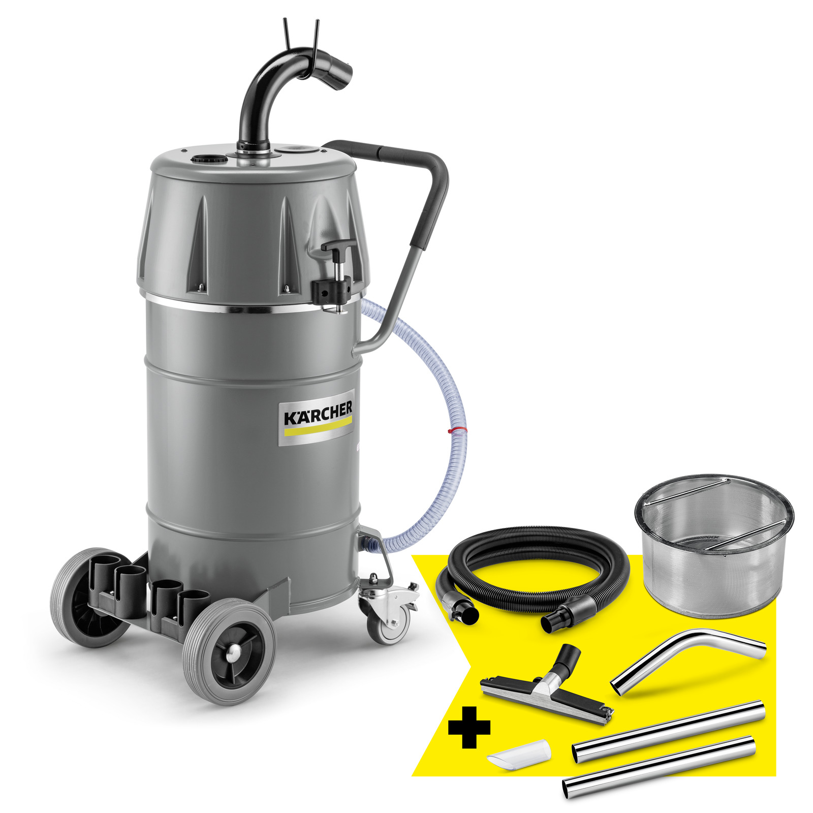 Kärcher Industriesauger mit Zubehör: Schlauch, Filter, Bodendüse und Rohre auf gelbem Hintergrund. Kärcher Industriesauger mit Zubehör: Schlauch, Filter, Bodendüse und Rohre auf gelbem Hintergrund.