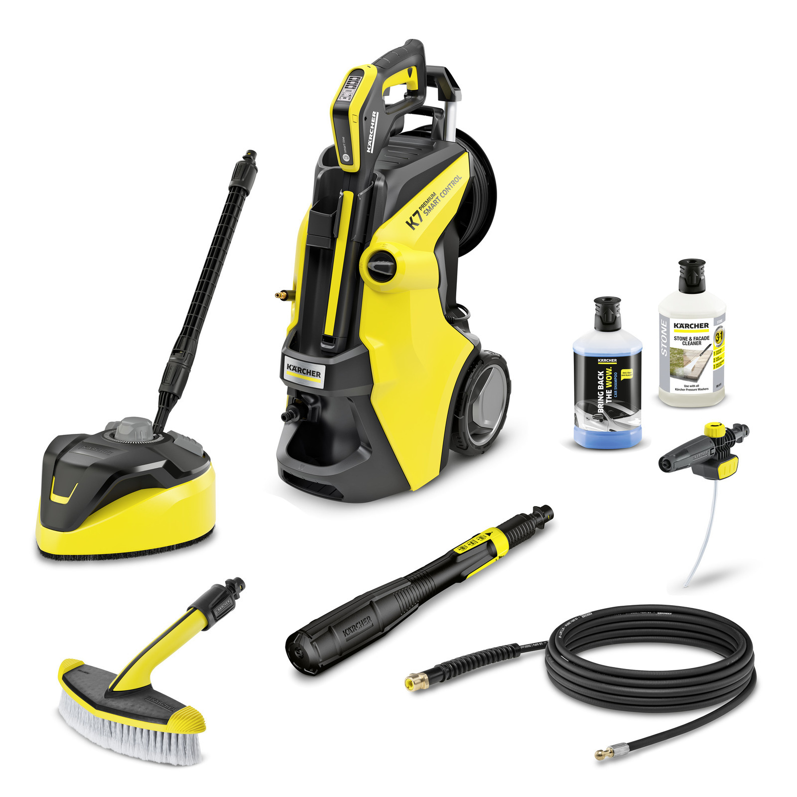 Kärcher K7 Smart Control high-pressure cleaner with accessories, including a brush, hose, cleaning detergents, and spray gun. Kärcher K7 Smart Control high-pressure cleaner with accessories, including a brush, hose, cleaning detergents, and spray gun.